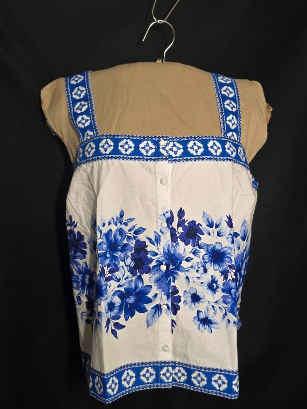 Land's End Women's Poplin Square Neck Tank Top, Blue/White Floral Mosaic NWT